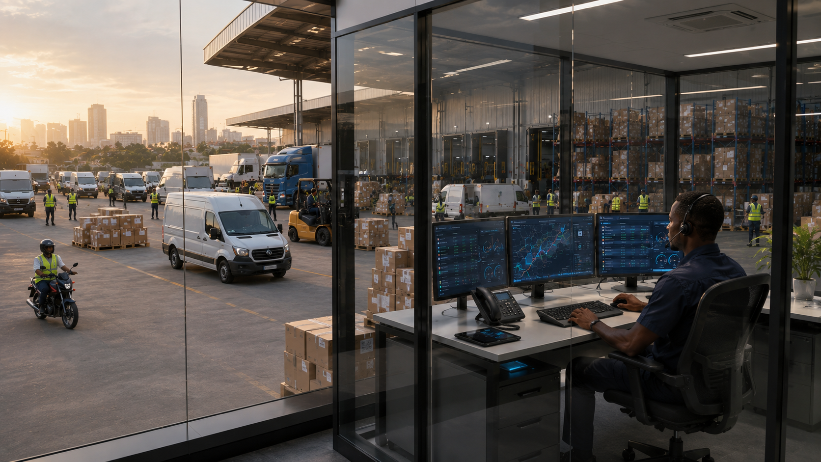 Dispatch command center overlooking a busy logistics yard