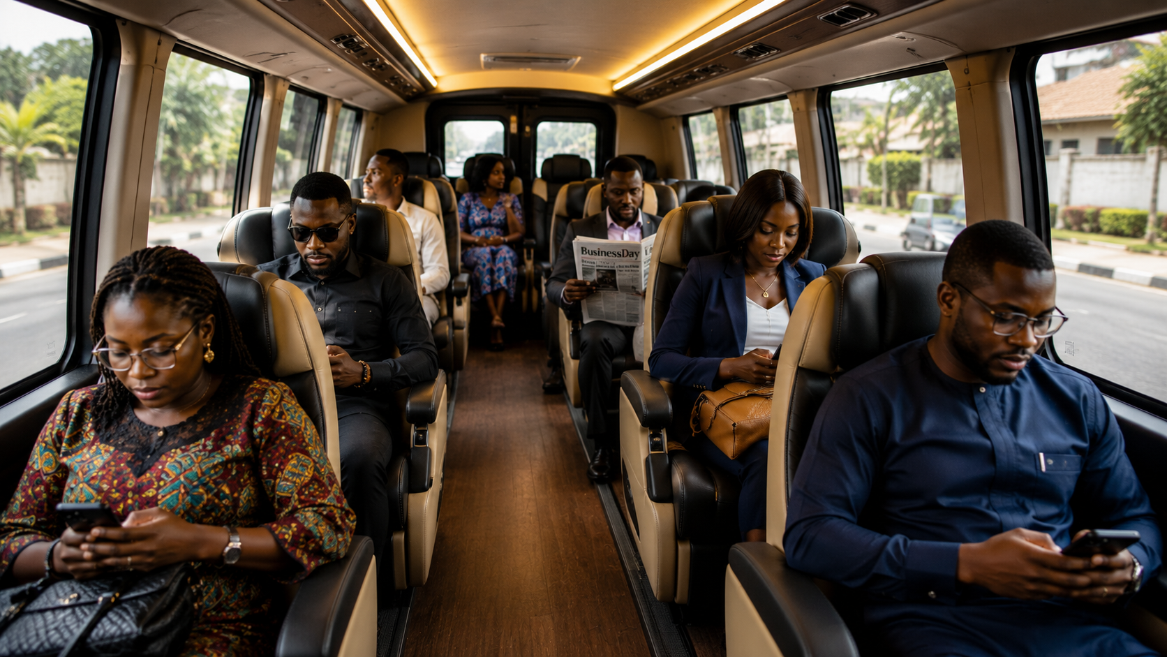 Business professionals commuting on a premium Nomadicpod coach