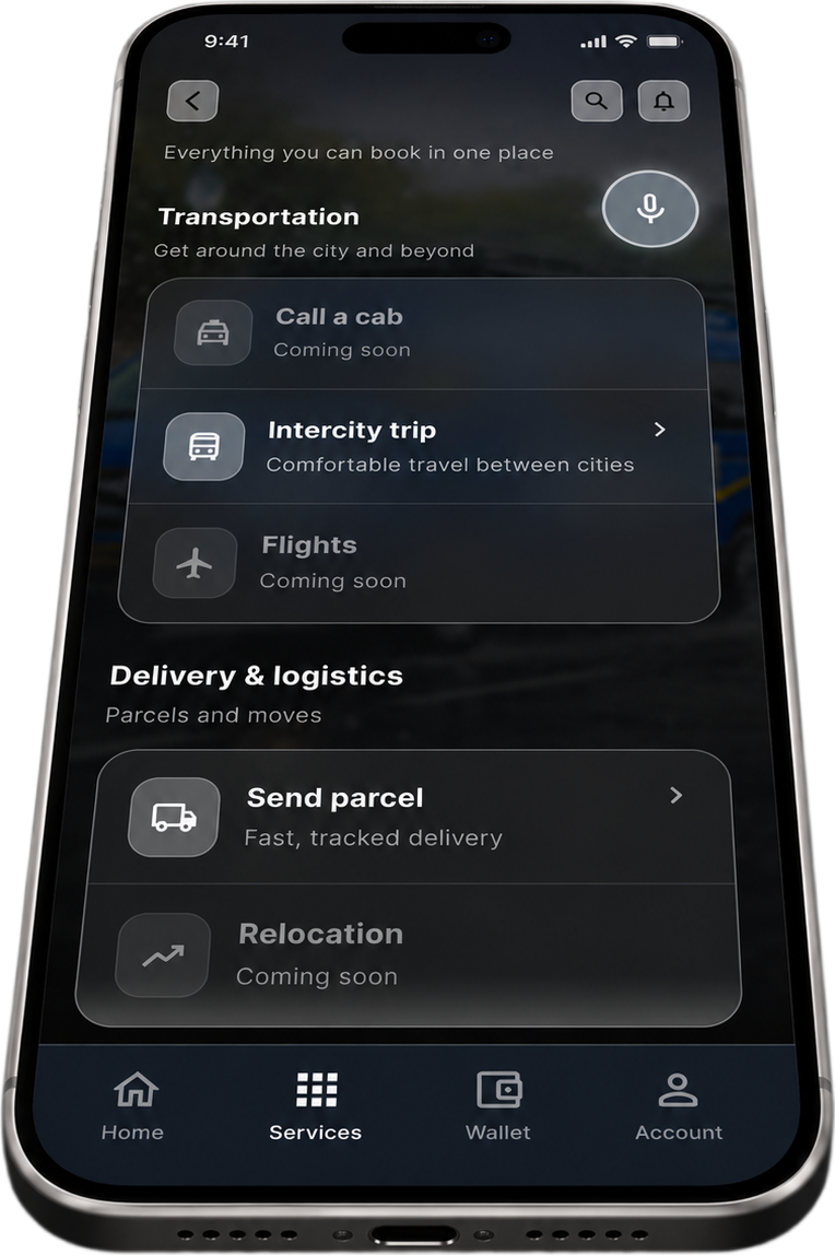 Npod app on a smartphone showing booking and mobility services