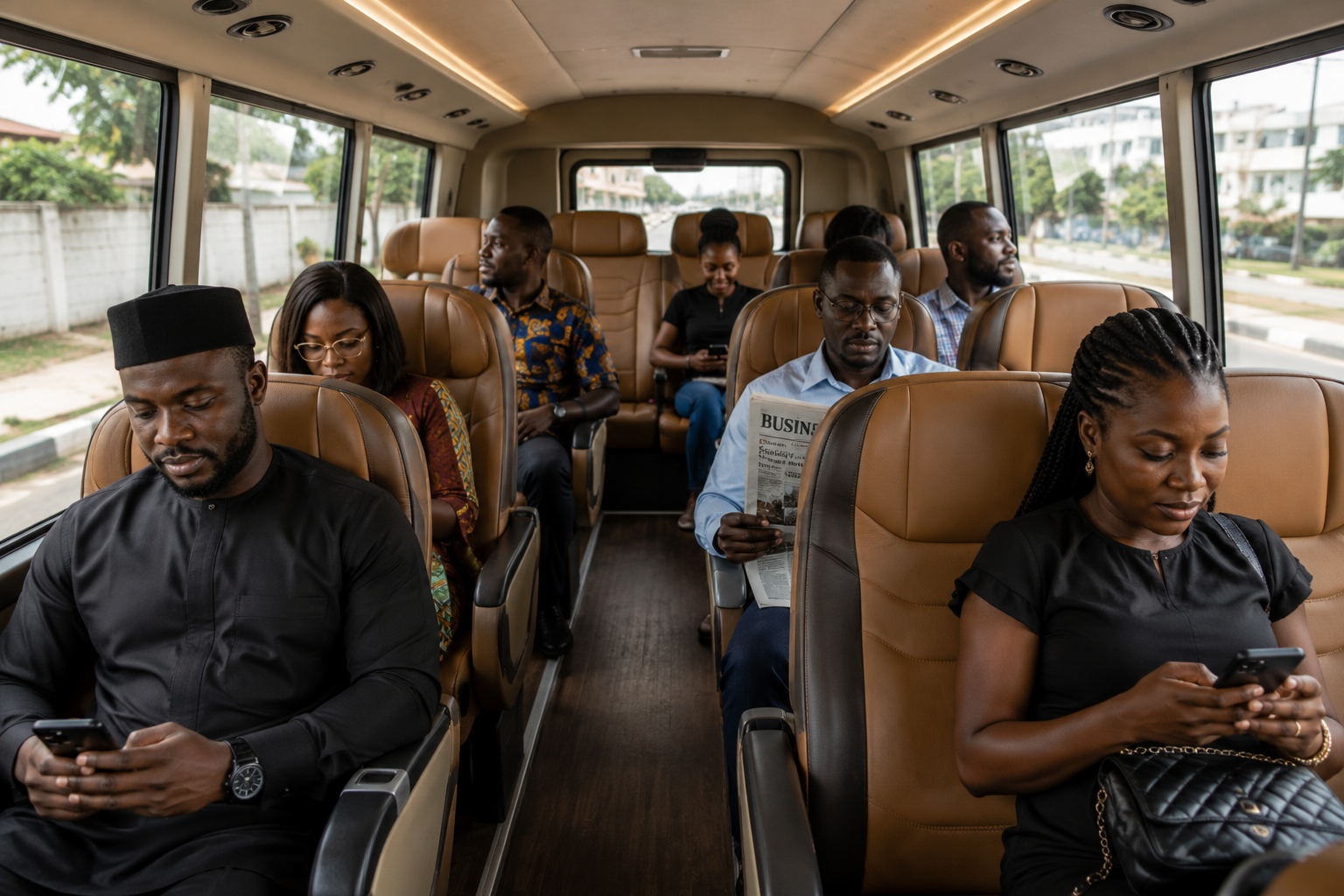 Business travellers commuting on a premium Npod coach